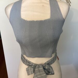 Halter Neck Knitted Crisscross Halter Crop Top (Color: Light Blue)